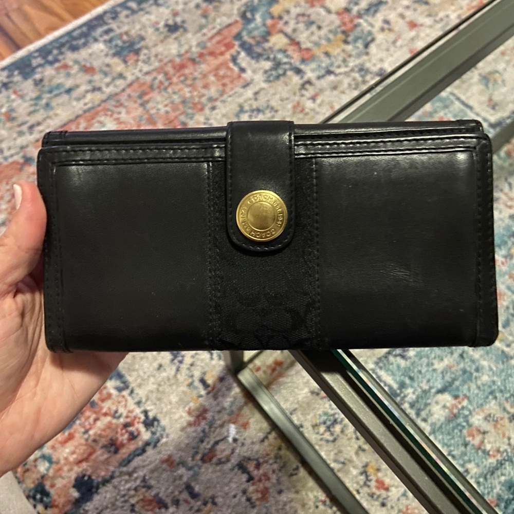 Coach Slim Double Snap Closure 12 Card Wallet/Clutch in Black Leather